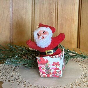Vintage Flocked Santa Full Beard Wrapped Green Red Candy Cane Package Christmas